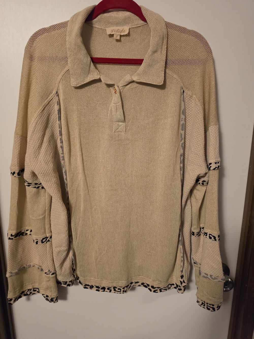 Listicle Beige Knit Polo Top with Leopard Trim